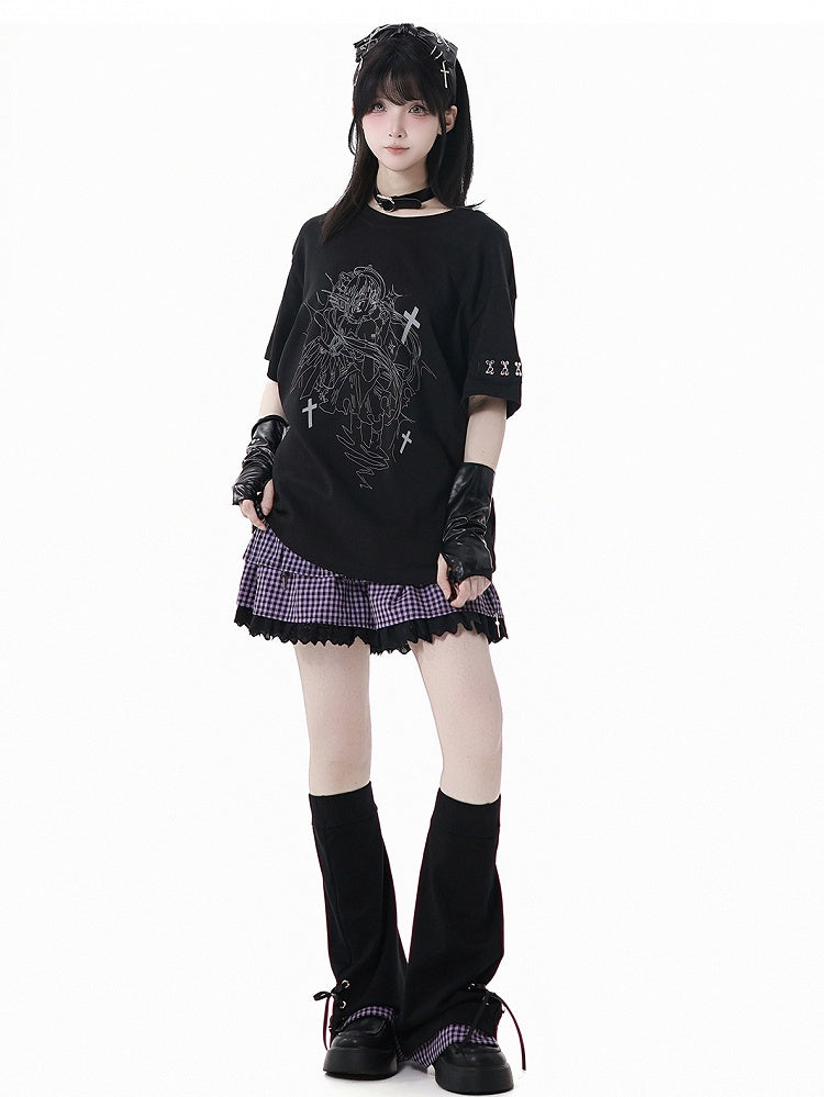 Print T-Shirt Angel Black Round Neck Reflective Cyber