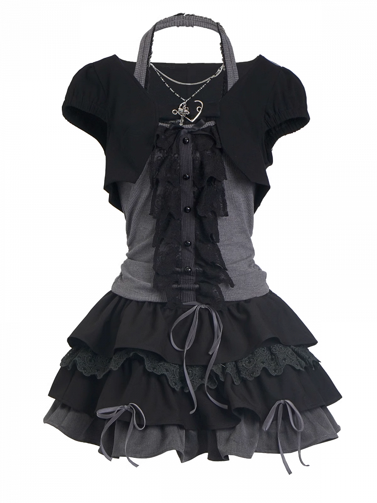 Skirt Cropped Top+Halter Neck Top+Tiered Sleeves Y2K Black and Gray Three Pieces Set - Short