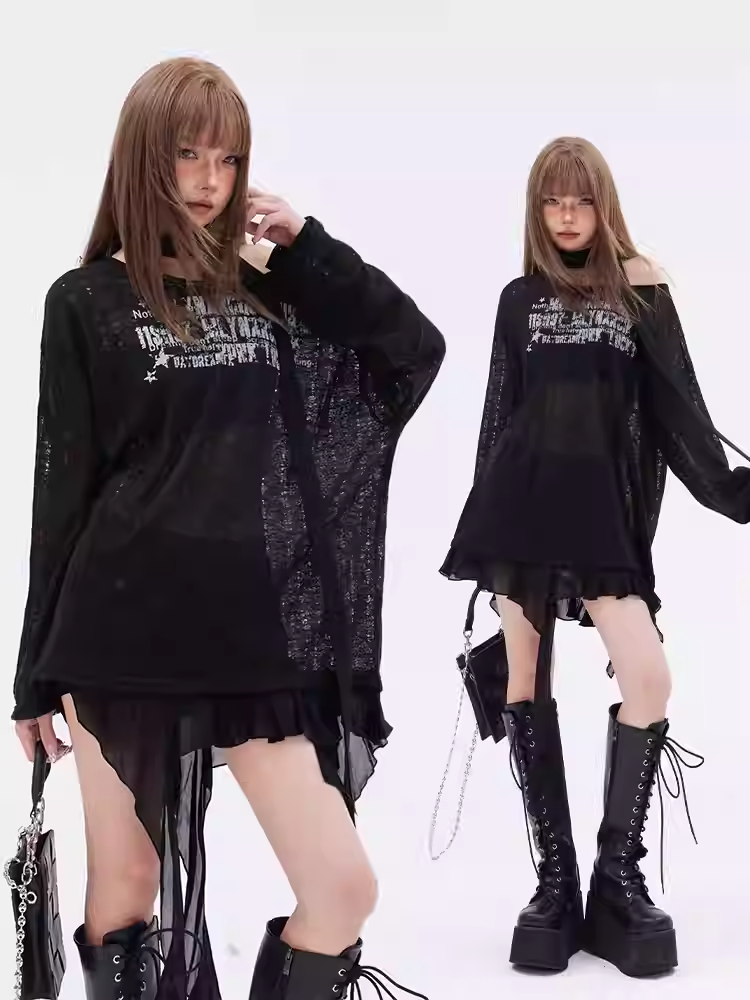 Scarf Free Printed Knitted Top with Black Asymmetrical Hem Hollow-out