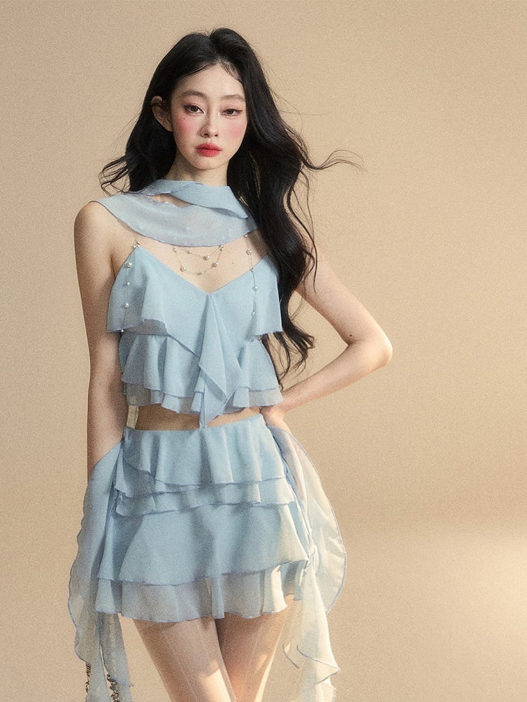 Tiered Ruffles Cropped Cami Top Scarf Free Blue Chiffon V-Neck with
