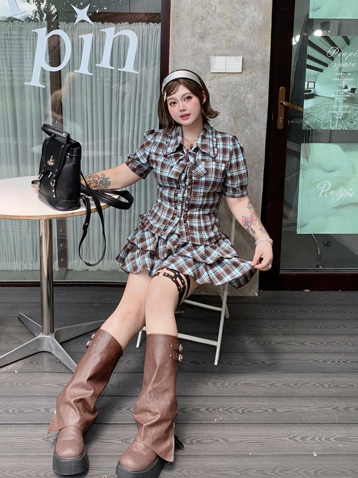 Plus Size Tiered Blue and Brown Plaid Blouse Preppy Style Sleeves Short Skirt /