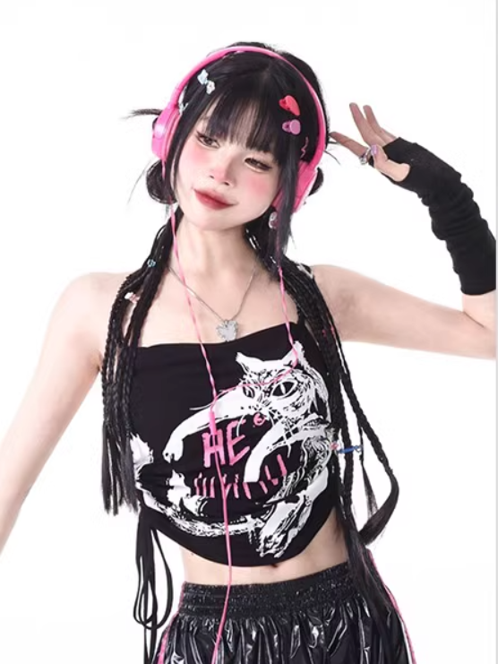 Black/White Top Waist Glamorous Drawstring Cat Graffiti Print Halter Neck