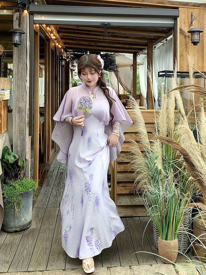 Qipao Design Dress Plus Size Cheongsam Style Purple Print Cape Wisteria
