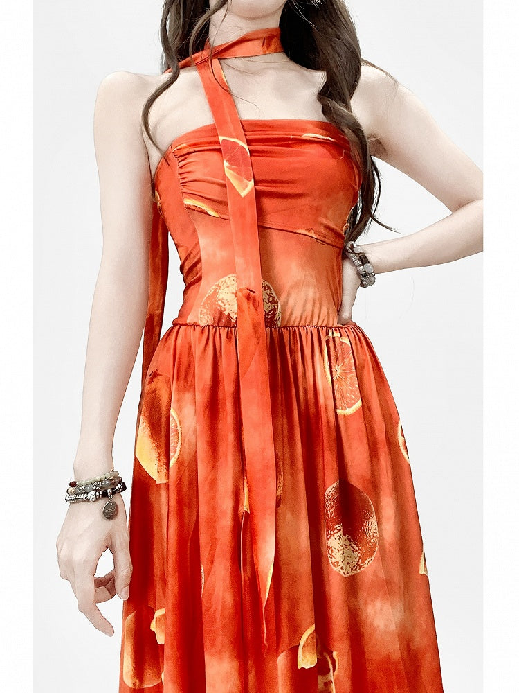 Holiday Orange Tube Sacrf Dress With