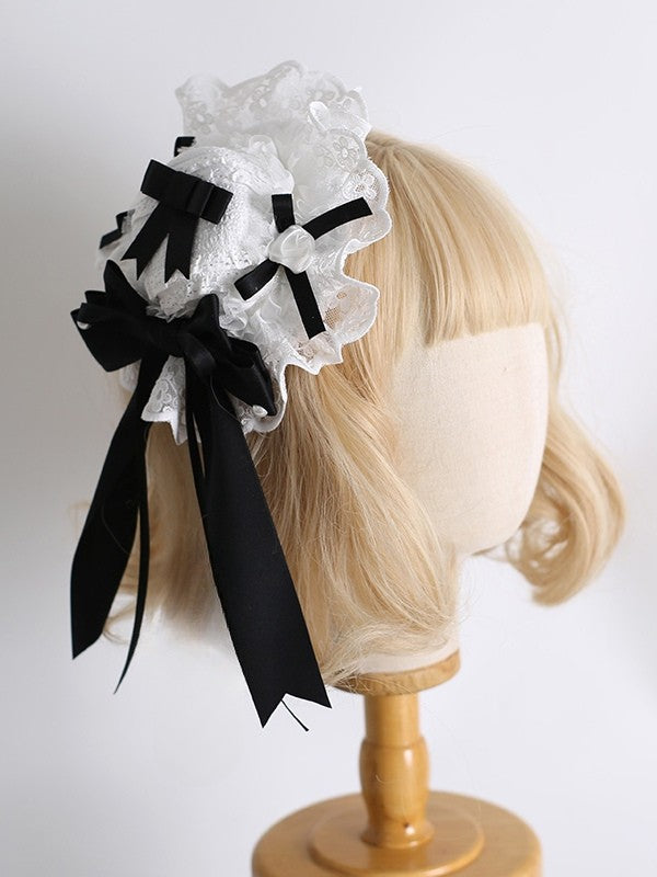 Lolita Bowknot Perlen Spitze Süß Verziert Mini Details Schwarz Weiß Trim Hut