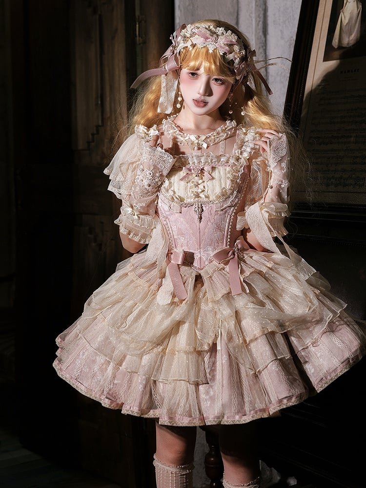 Lolita Balletcore Princess + Pink Floral Corset Top Print Boned Skirt Light