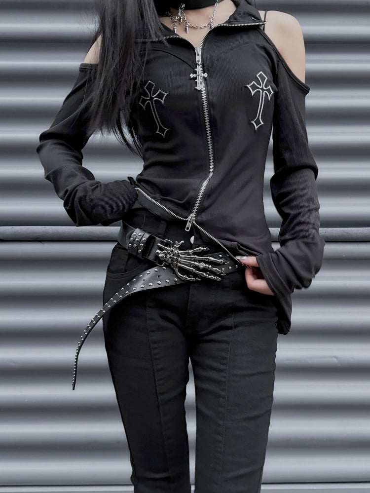 Punk-schwarze Slim-Fit-Hose mit Fischschwanz und hoher Taille mit Gürtel mit Skeletthand-Schnalle