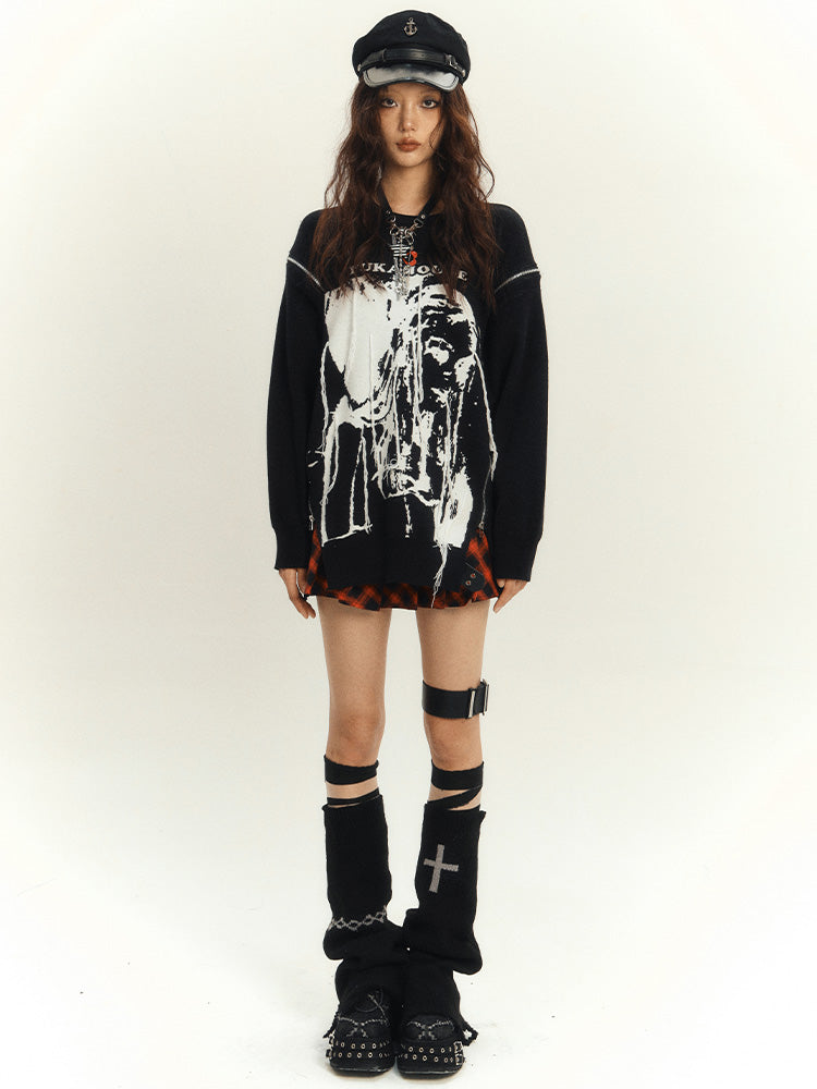 Zips Black Loose Rock Neck Design Punk Round Sweater