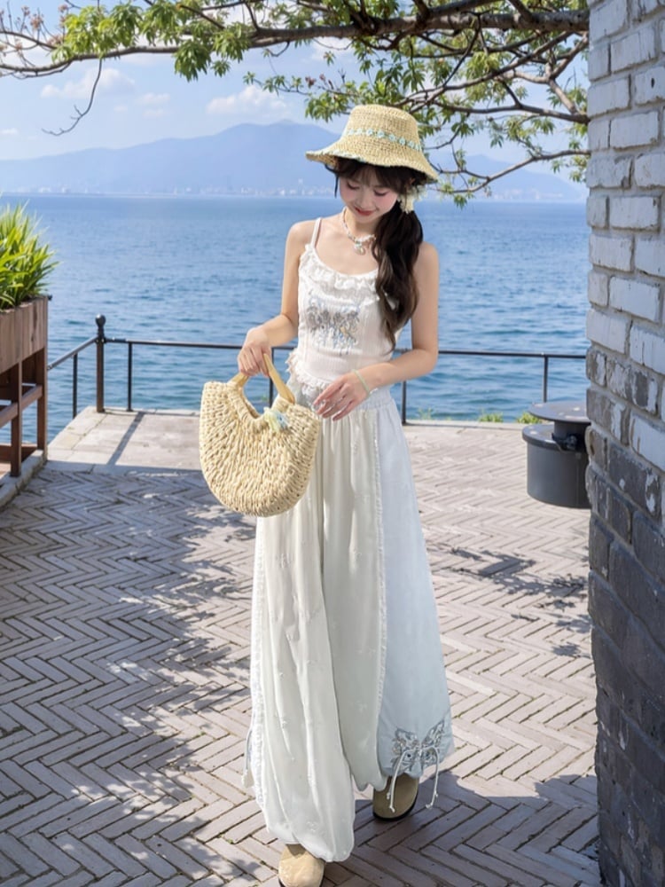 Version Cuffs Holiday Blue and White Colorblock Design Wide-Leg Pants Butterfly Embroidery Regular/Short