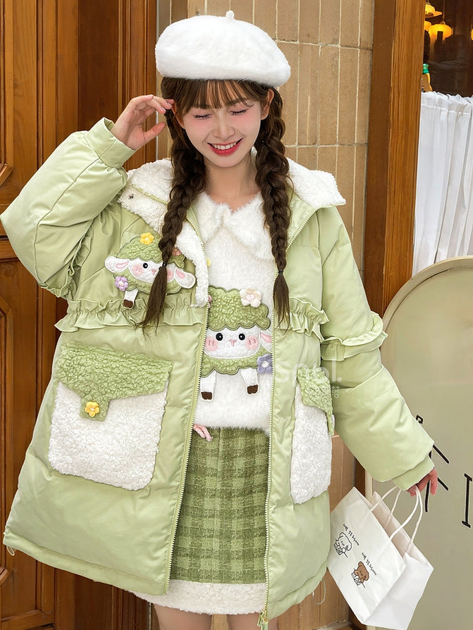 Green Cute Lamb Adorned Hooded Down Coat Ruffle Trim