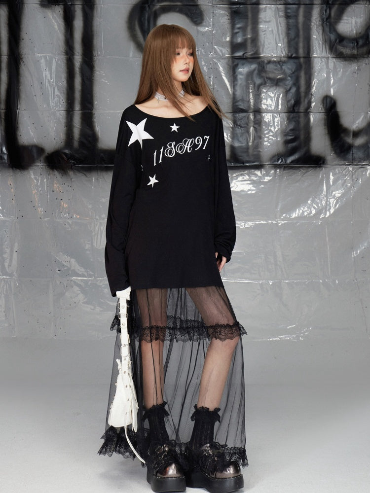 Black Asymmetrical Neckline Letter Print Top Loose