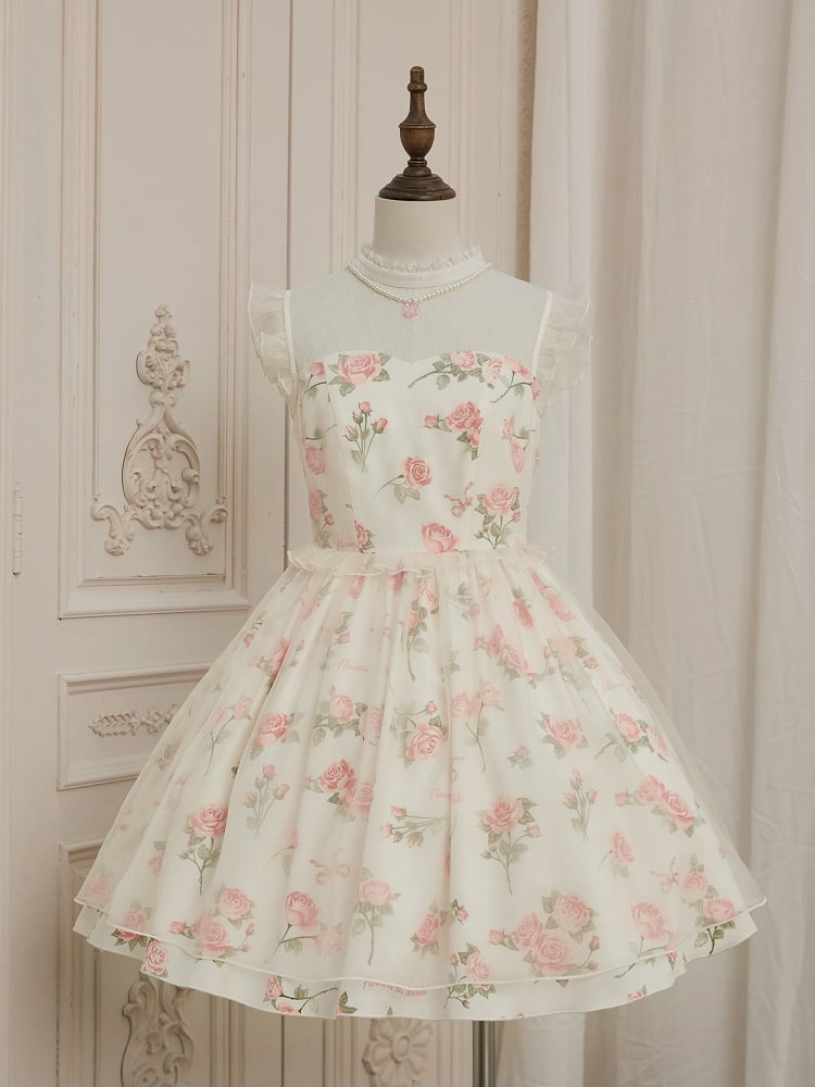 Dress Pink Print Rosette White Illusion Lolita Summer Neckline