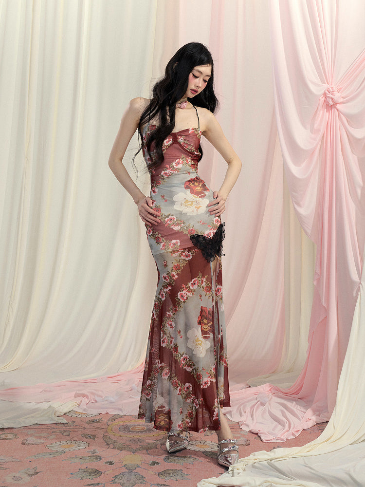 Skirt Rust Red Chiffon Halter Floral Slip Dress Slit Side Mermaid Backless Neck