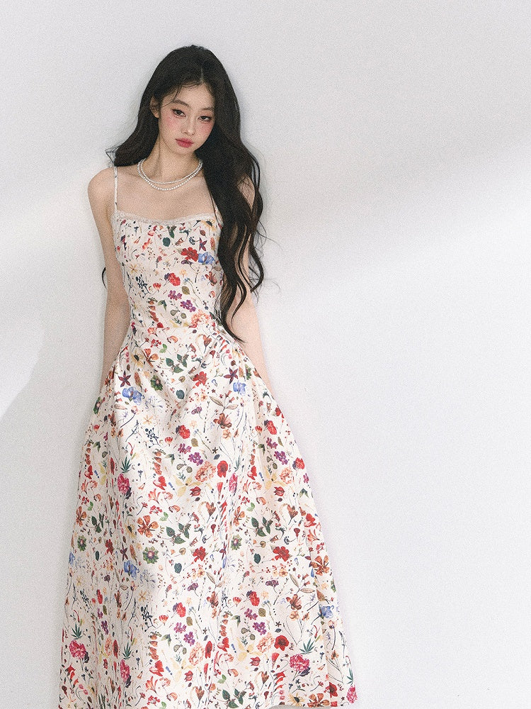 Beige Floral Print Holiday Cami Dress Long/Short Version