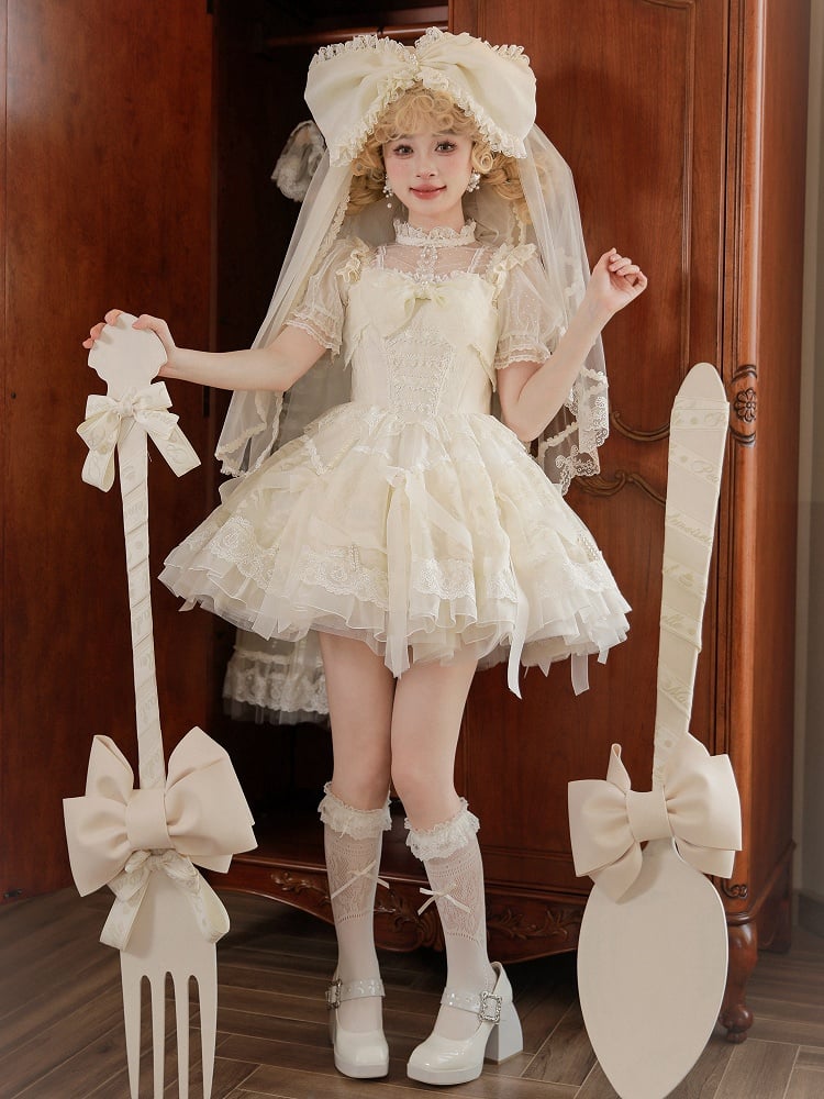 Dress Princess Lolita White Waist on and Ribbon Bows Beads Basque Skirt Creamy
