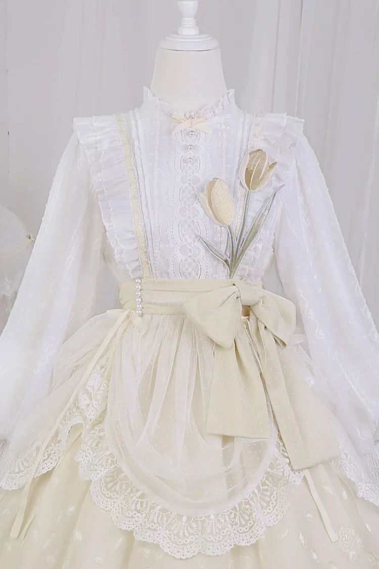 White and Yellow Tulip Embroidery Applique Bodice One Piece
