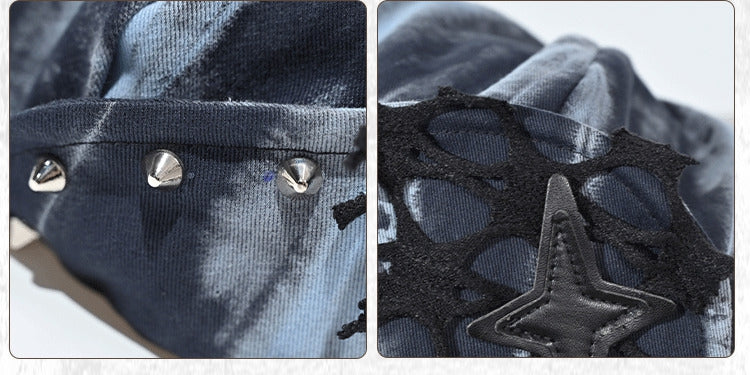 Grunge Punk Rock Star Studs Blue and Black Tie Dye Beret
