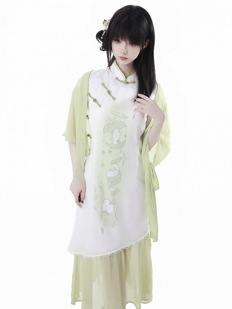 Banded Dress Qipao Collar Apple Print Cheongsam Style Buttons Green Knot