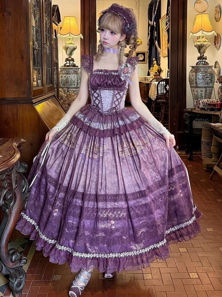 Skirt Basque + Purple Waist Painting Classic Boned Oil Top Lolita Overlay Print