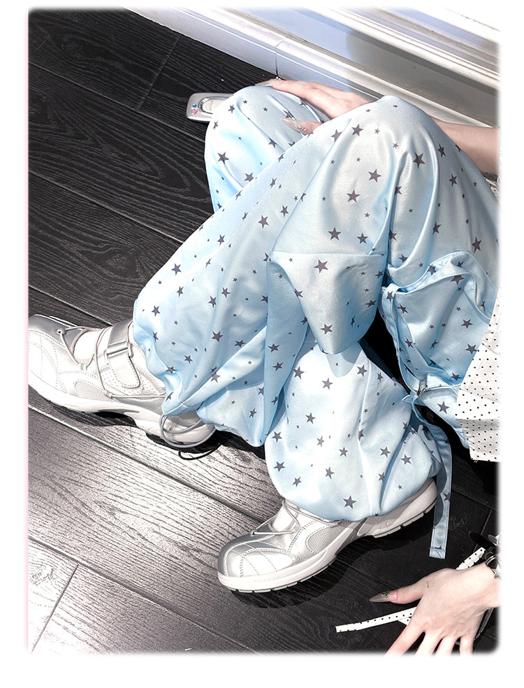 Blaue Cargohose mit weitem Bein und Allover-Taille und Kordelzug im Sternenmuster