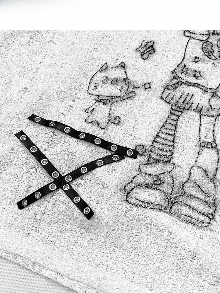Y2K-Mädchenausschnitt und weißes Detail-Cartoon-Katzendesign