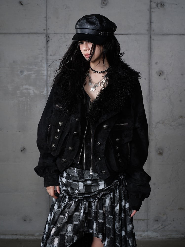 Faux Pockets Studded with Jacket Black Punk Collar Fur Suede Embellishments Detachable 3D
