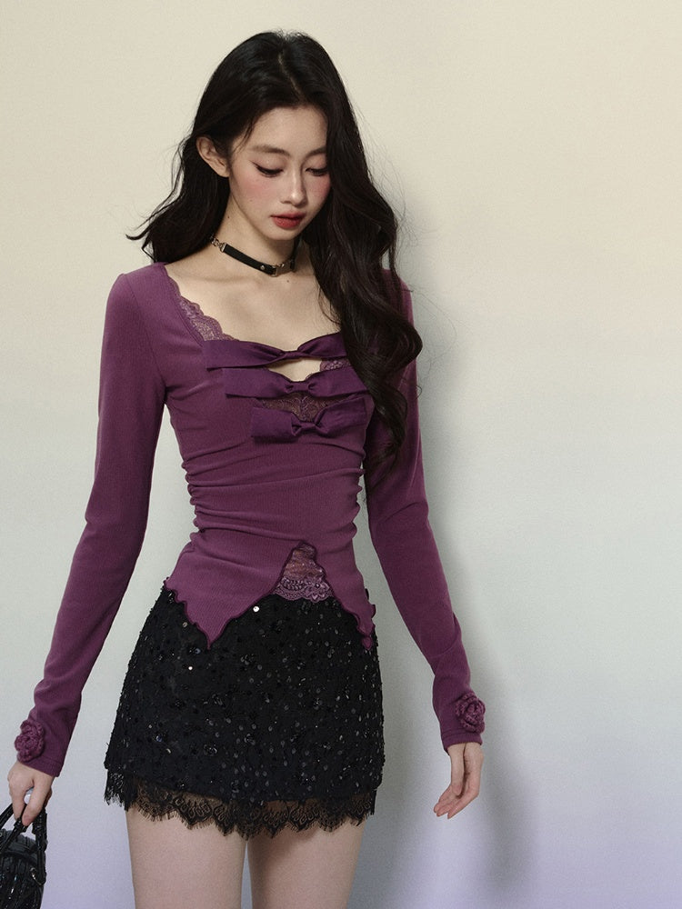 Purple V-neck Top Knitted Detail Contrast Lace Patches Glamorous Bowknots