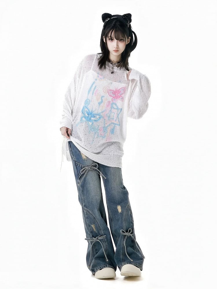 Bow Accents Flared Jeans Blue Faded Wash Distressed Holes Light