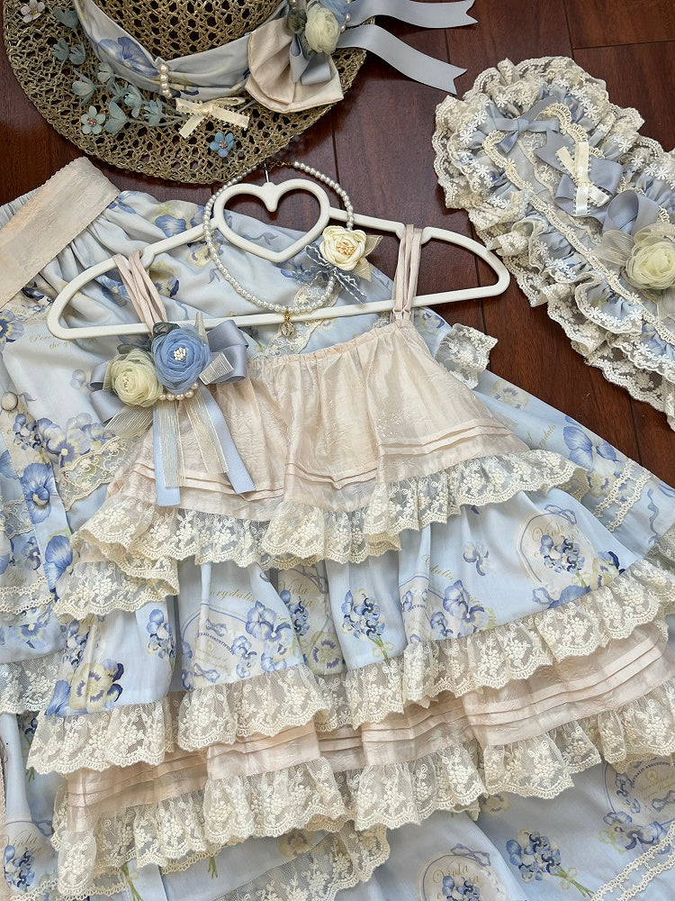 Print Top Cami Blue Floral Beige Tiered and