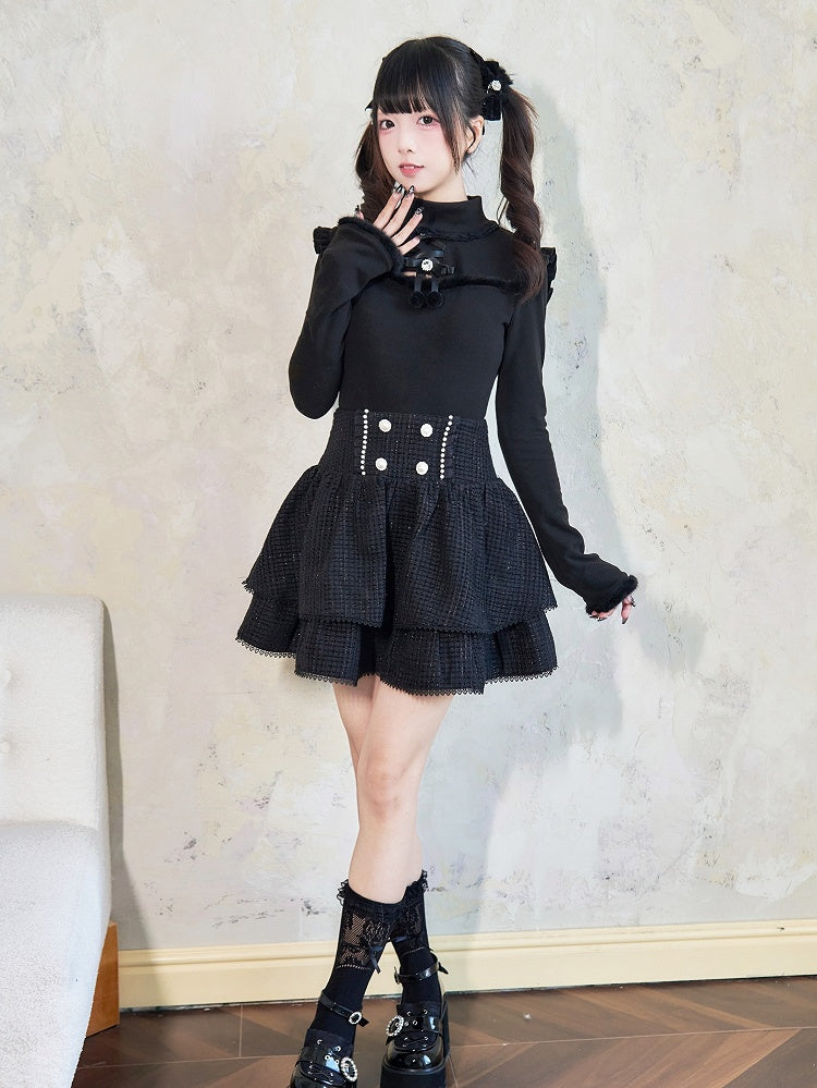 Jirai Kei Plush Trim Cutout Detail Bow Rhinestone Embellished Black Top