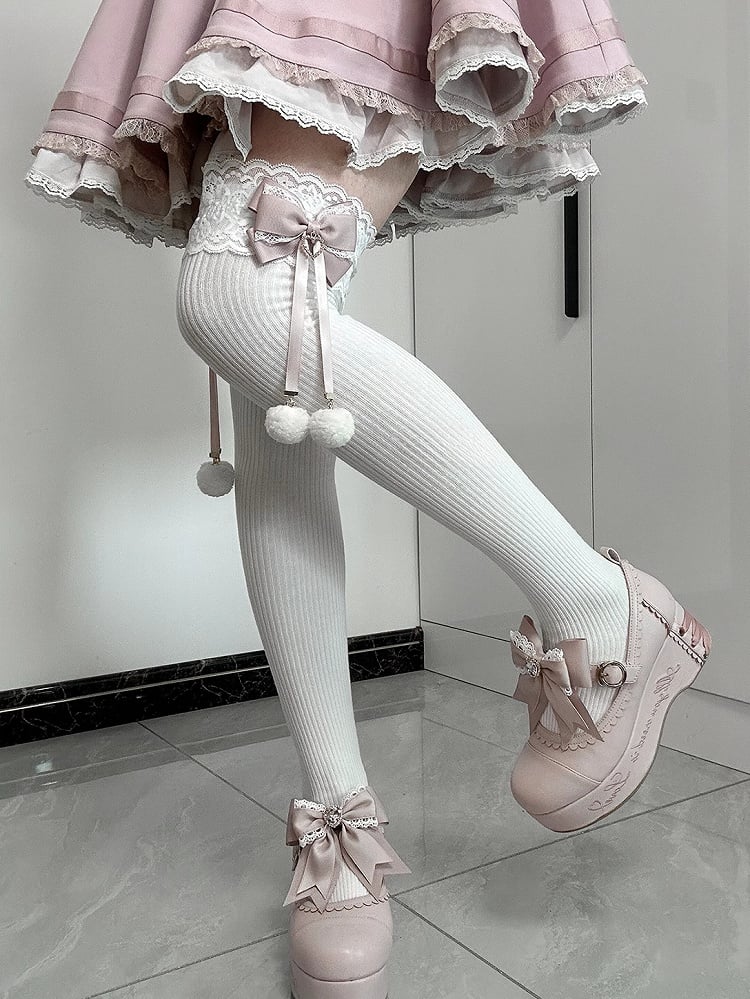 Jirai Kei Pompom-Details Spitzenbündchen Schleifen Overknee-Strümpfe