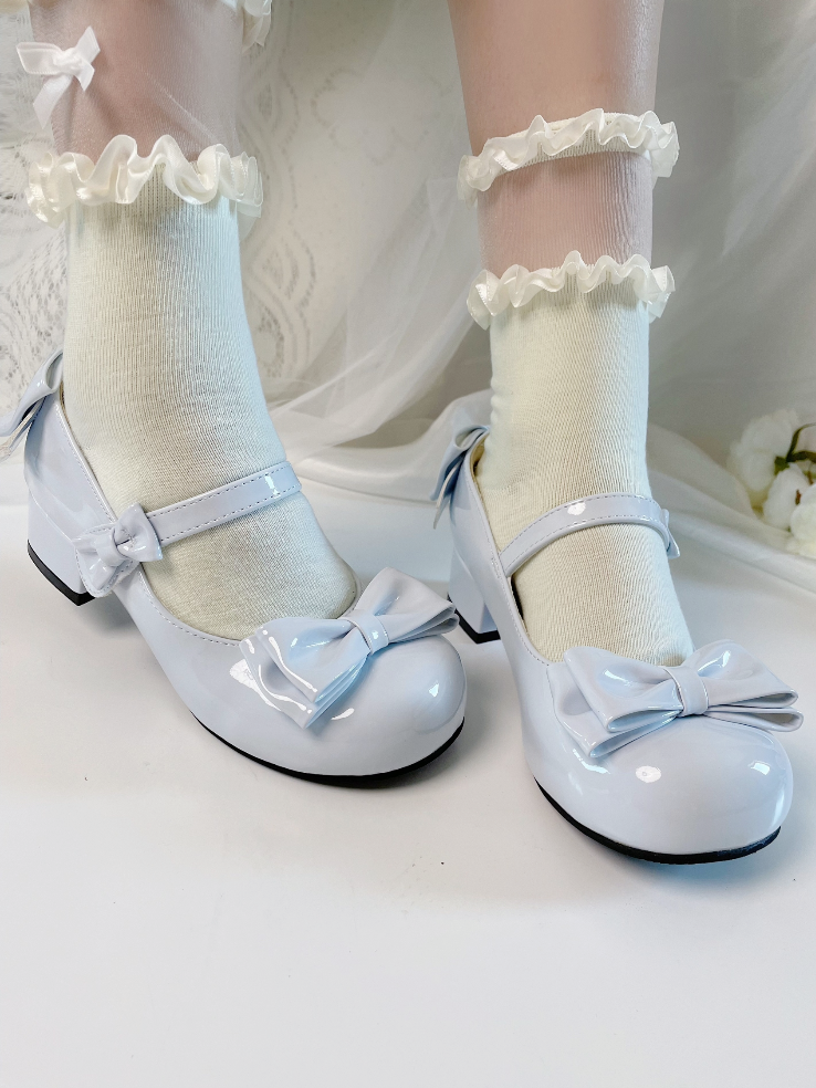 Hellblaue Lolita-Schuhe mit runder Spitze und 3,5 cm Blockabsatz