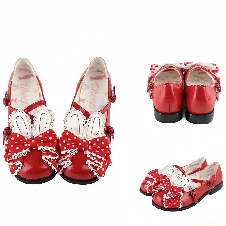 Ohr Red Bunny Lolita Polka-dot Muster Schuhe an Crisscross Top Design Schleife