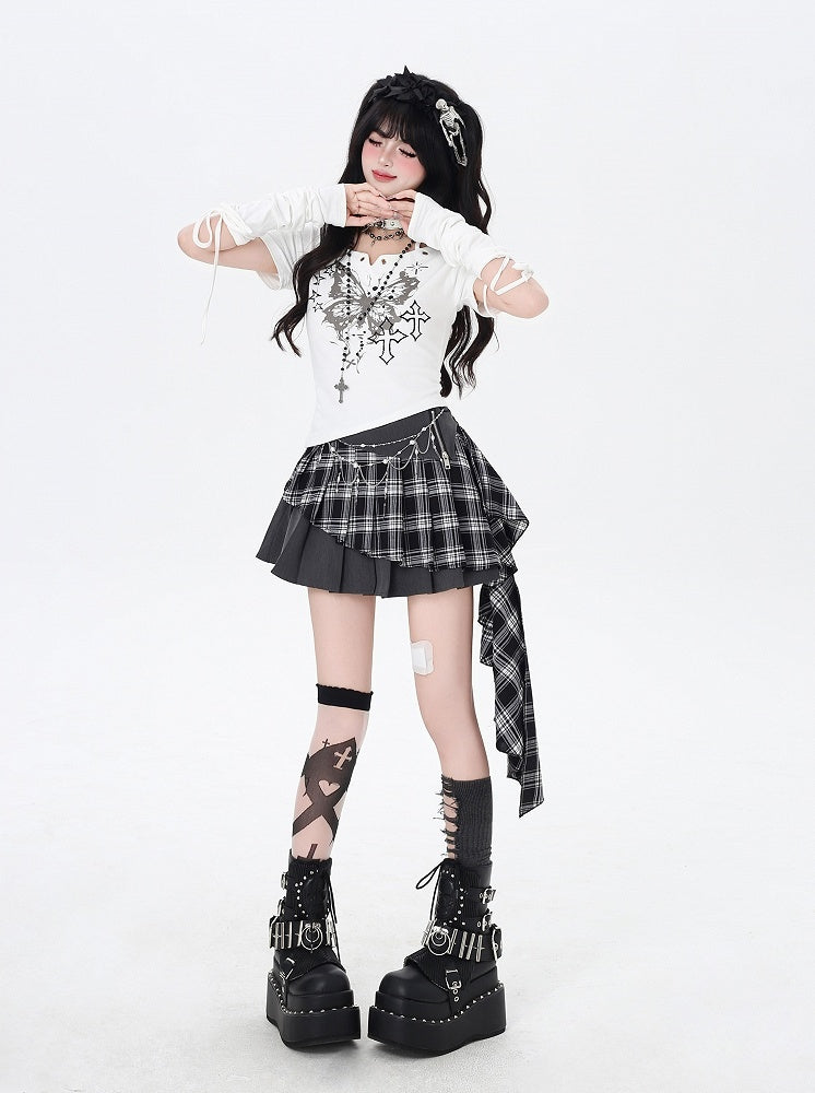 Butterfly Print Halter Neck T-Shirt Armwear with Black/White