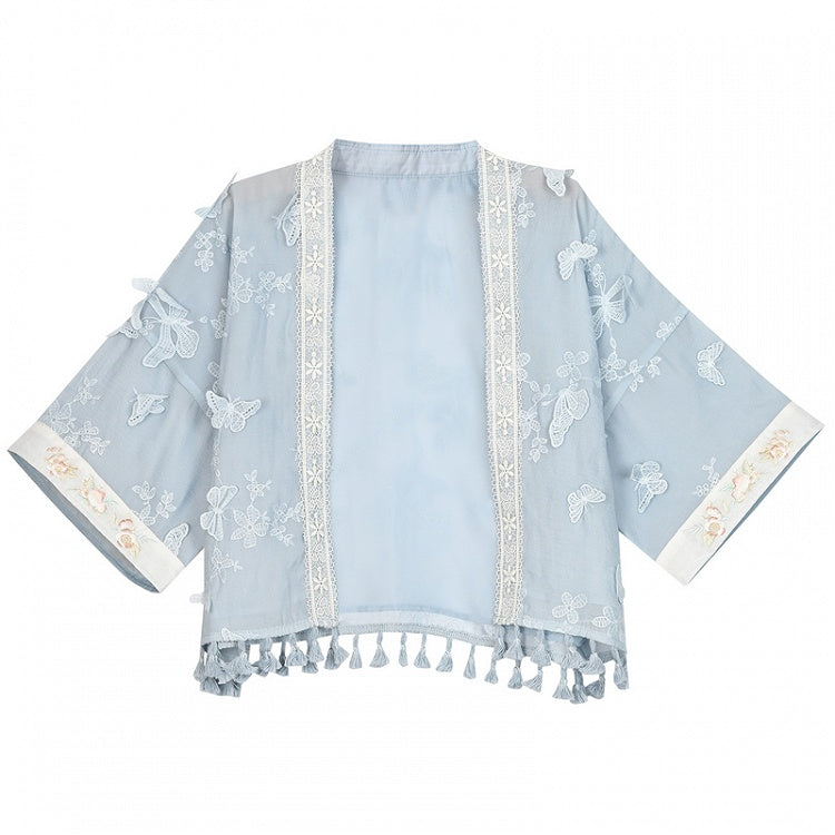 Sleeves Top Hem Butterfly Floral Embroidery Blue Tassels Design Long