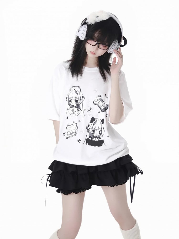 Graues T-Shirt Anime Girl Print Weiß/Dunkel Rundhals Baumwolle