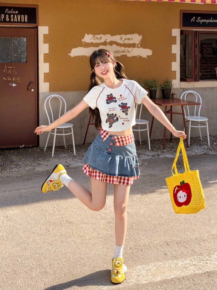 Two-pieces Tiered Denim Skirt Red Plaid Hem Blue High Waist Faux