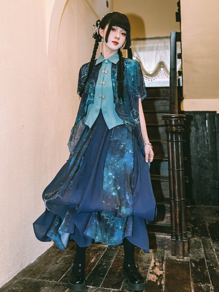 Gradient Convertible Hem Jellyfish Print Skirt with Bubble Blue