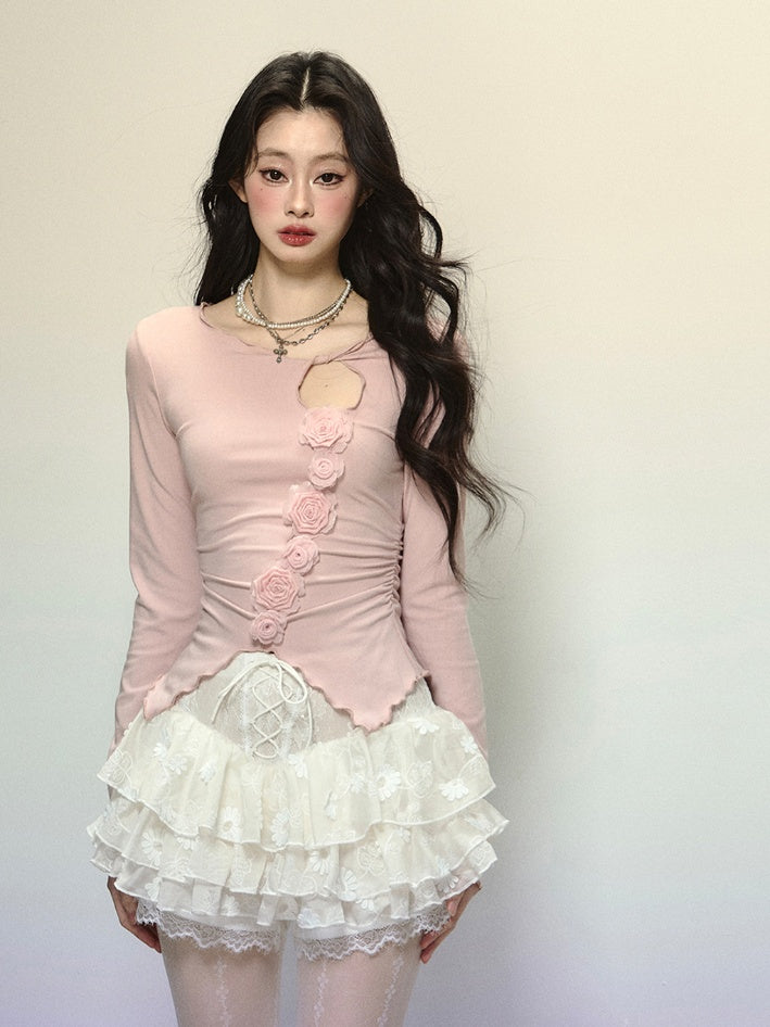 Knitted Detail Neck Floral Embellished Cutout Top Pink Round Glamorous