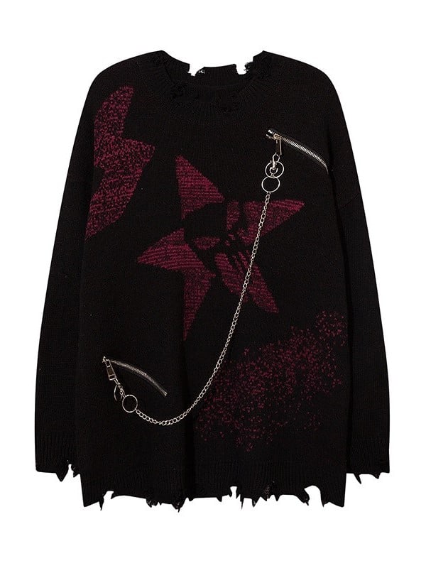 and Black/Gray Distressed Knit Sweater with Zipper Chain Detail
