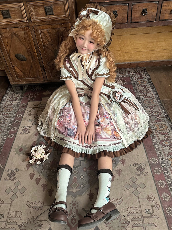 プリントロリータコーヒーオーバーレイグリーン子犬のスイートハウス(ドレス付き取り外し可能)