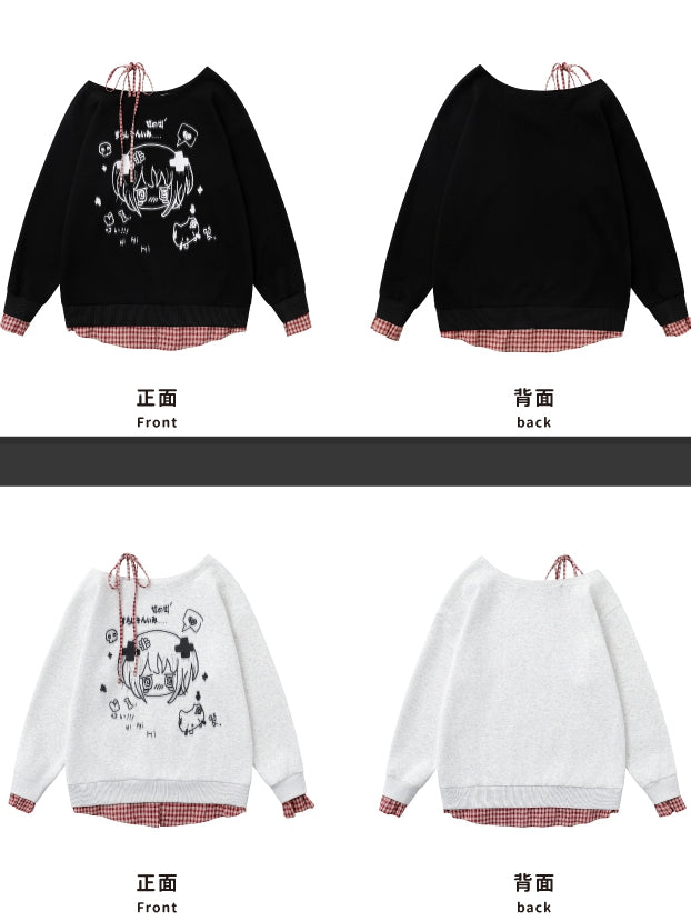 Haut Yami Kawaii noir/blanc à encolure asymétrique et poignets à carreaux