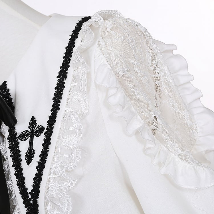 Chemise blanche Jirai Kei à col plat pointu et épaules en dentelle style mines terrestres