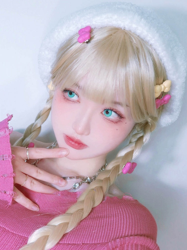 Claw Braided Ponytail Wig Bangs With Short 55CM Double Blonde Full Clips 30CM + Straight