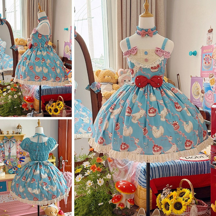 Lolita Blue Print Showa Sweet Cake Fashion Cherry and Dress Kitty