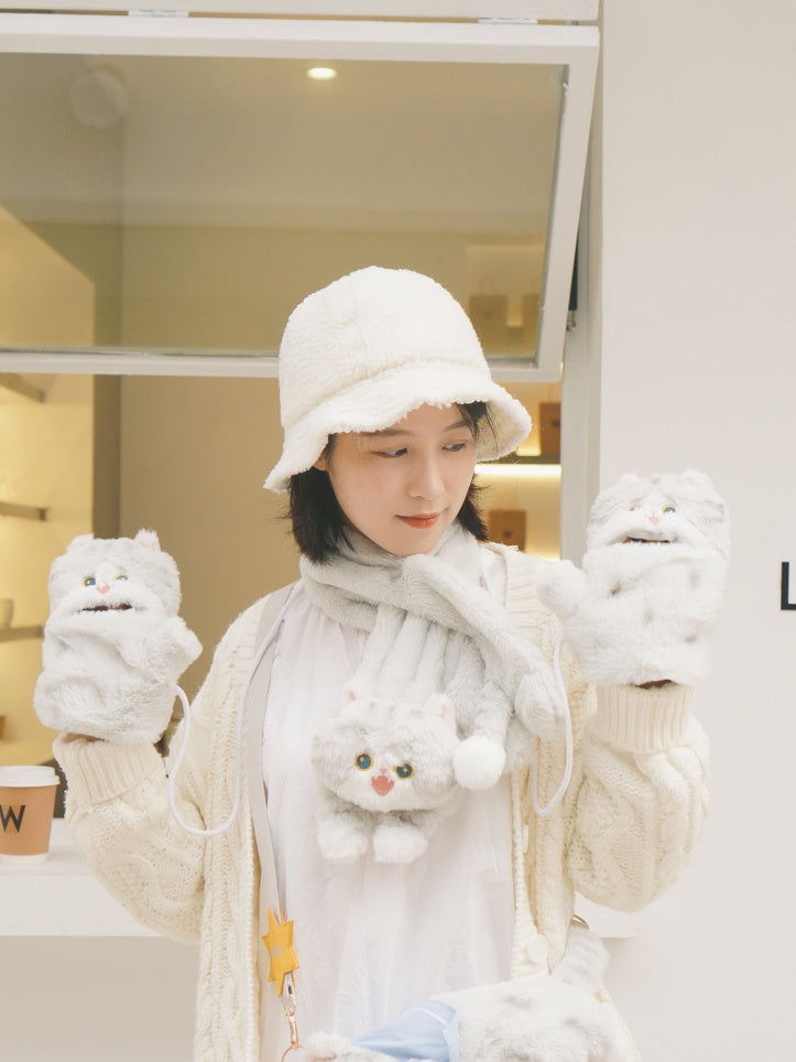 グレーのかわいい猫型ぬいぐるみ手袋