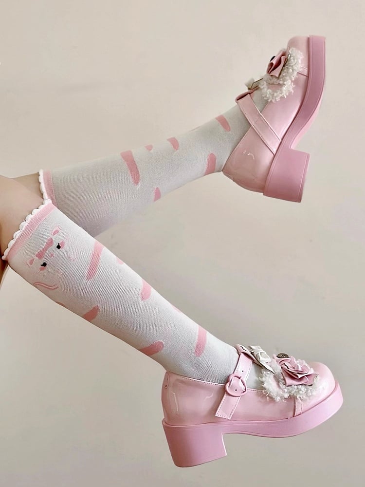 Pink Pattern White Bowknot Print Kitty Socks Lolita Calf