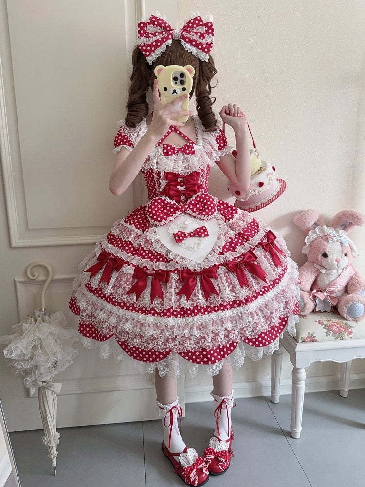 Dress Pattern Old Red Dots Short Polka School Sleeves Bow Accents Lolita