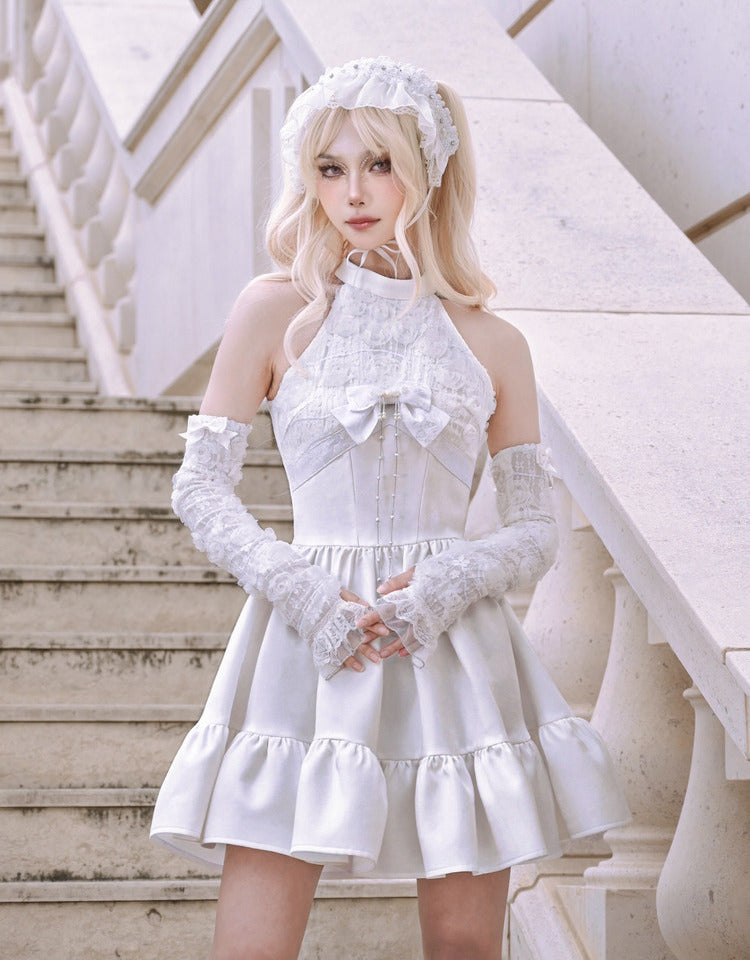Weißes Blumenmieder Neckholder-Feenkleid