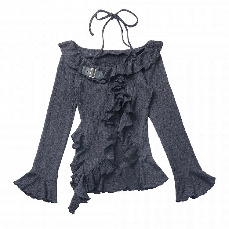 Beige/Dark Gray Halter Neck Bell Sleeves Asymmetrical Ruffled Hem Knitted Top